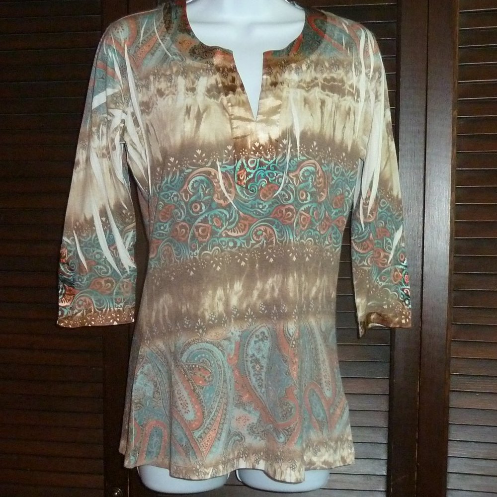 California Bloom, Brown Blue Orange Paisley Top, Satin Trim, V-Neck, M